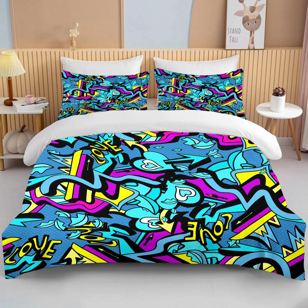 10 Sizes Fine Graffiti Pattern Bedding 3 Piece Set King Size Double Bed Bedding Set Microfiber or Polyester Duvet Cover Set