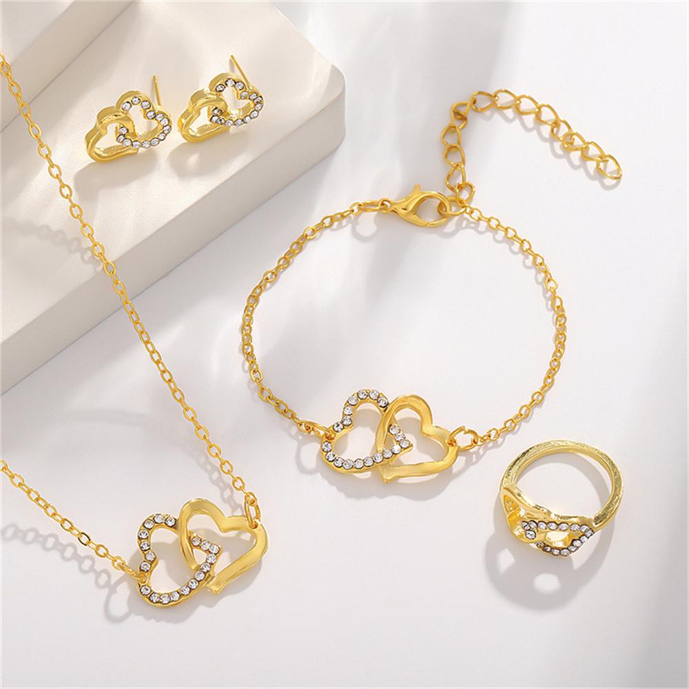 

Double Love Jewelry Set Rhinestone Heart Necklace Bracelet Earrings Bracelet Ring Four-Piece Set for Women Ladies Jewelry Gifts