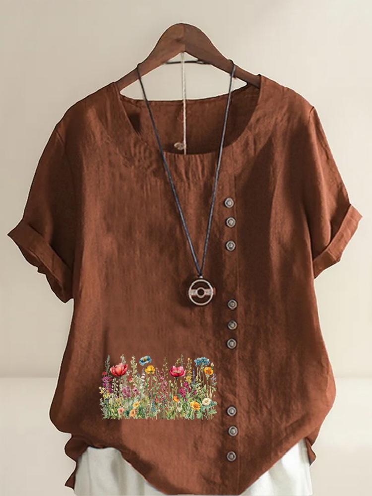 Women's Fashion Flower Bed Print Round Neck Short Sleeve T-shirt Casual Cotton Linen Graphic Shirt Leisure Loose Summer Blouse Tops