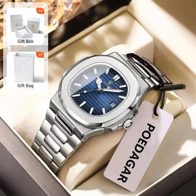 POEDAGAR Orologio da Polso Quadrato alla Moda da Uomo Impermeabile Luminoso Data Acciaio Inossidabile Orologio da Uomo Orologi da Uomo al Quarzo da Business+Scatola Regalo