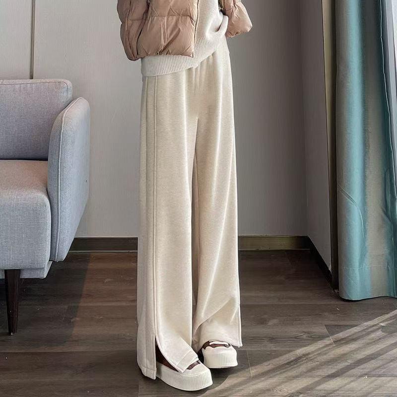 Plus Size Women's Fleece-Lined Wool Blend Split Wide-Leg Pants