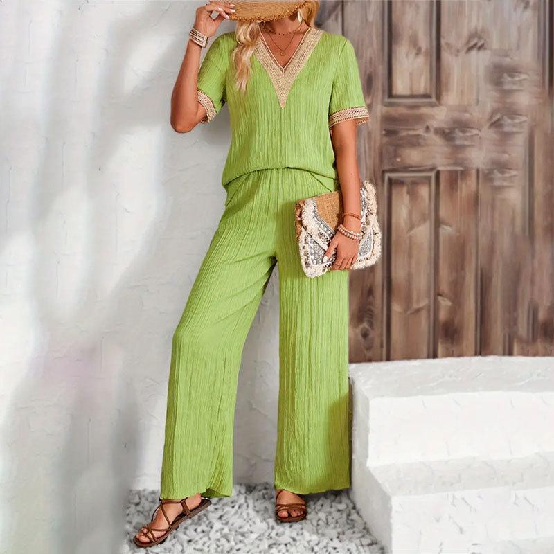 Ladies Summer Lace Edge V-Neck Short Sleeve Solid Colour Casual Suit