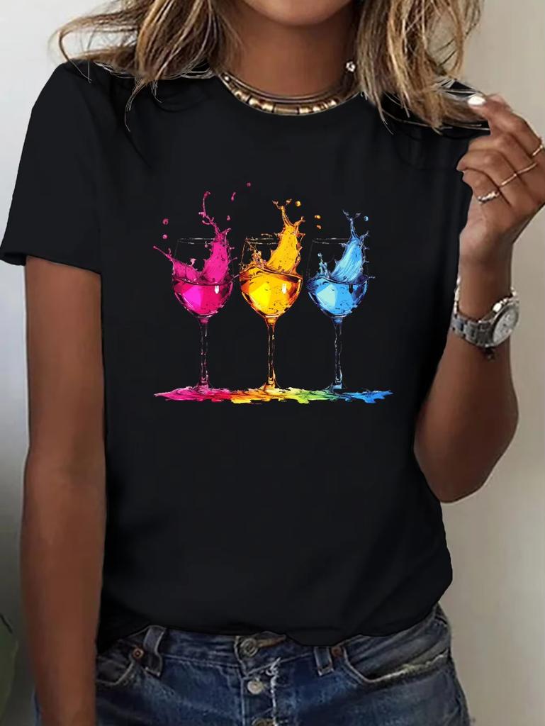 Wein Gläser Druck Rundhals T-Shirt Lässiges Kurzarm Oberteil für Frühling Sommer Damenbekleidung Ästhetische Kleidung