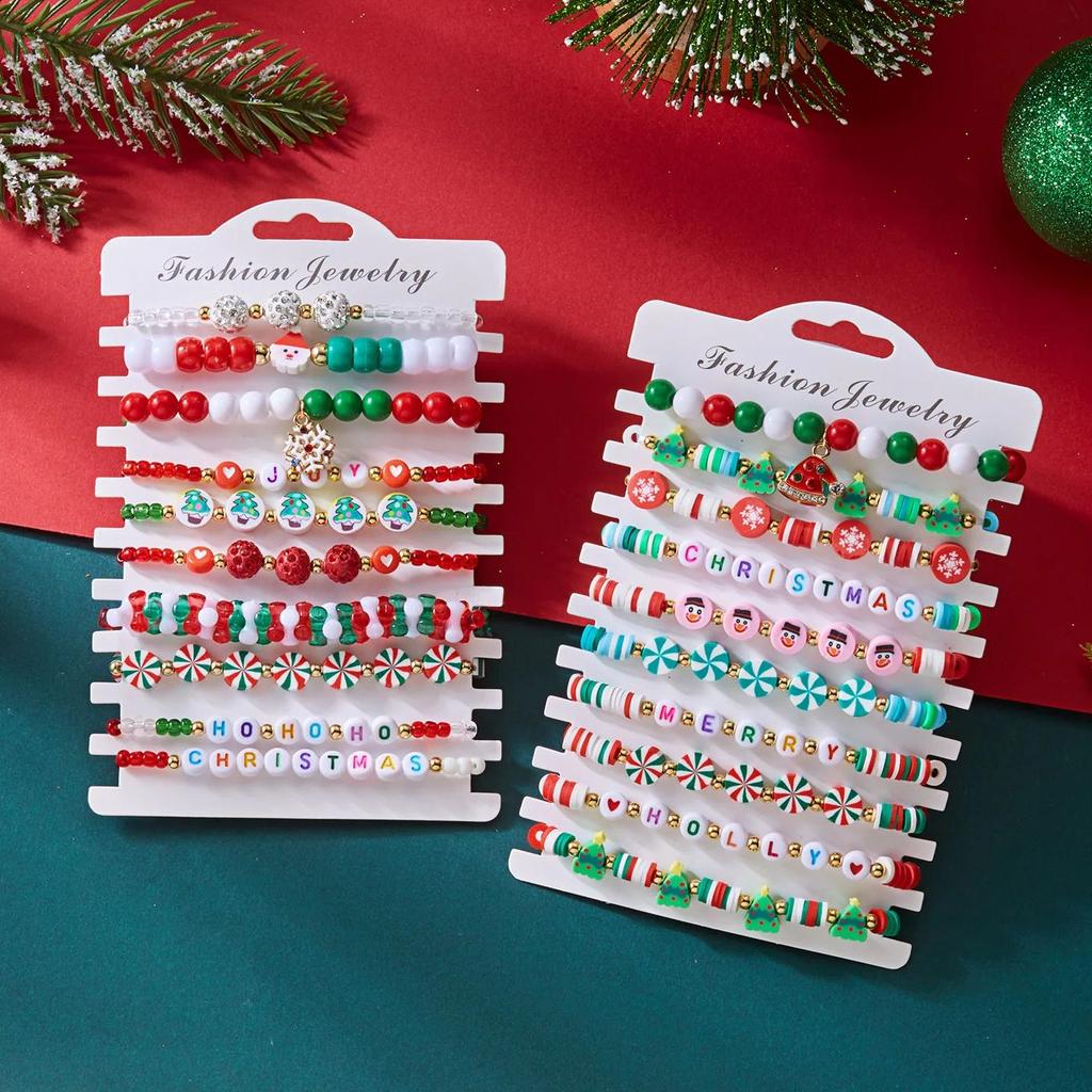10Pcs Colorful Soft Clay Beads Christmas Bracelets Set for Women Santa Claus Xmas Tree Snowflake Stackable Bracelets Jewelry