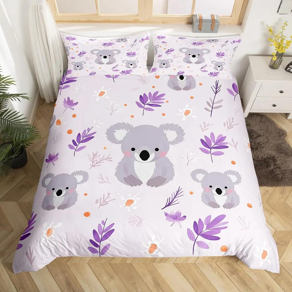 Cute Cartoon Koala Duvet Cover Set Botanical Blossom Floral Comforter Cover Kawaii Wild Animal Koala Bedding Set Twin Queen Size