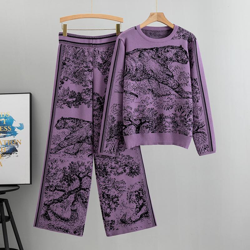 Tiger Print Knitted Suit Women's Autumn Fashion Sweater Loose Wide-leg Pants Two-piece Set