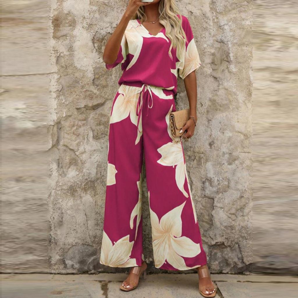 Damski Modny Casualowy Zestaw Top z Krótkim Rękawem i Dekoltem w Serek ze Wzorem w Kwiaty i Spodnie