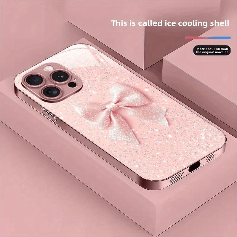 

White Dot Pink Bow Pattern Pink Metal Tempered Glass Phone Case For iPhone 17 16 15 14 13 12 11 Pro Max 15 Plus 17 Air 16E Cover iPhone17 Pro Max