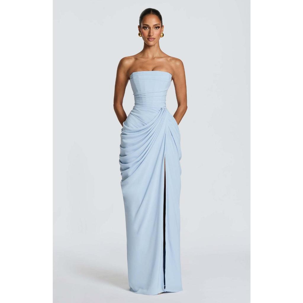 Damen Trägerloses Raffung Schlitz Maxikleid, Sexy Figurbetontes Abendparty Langes Kleid, Europäischer Amerikanischer Stil Formelles Cocktailkleid