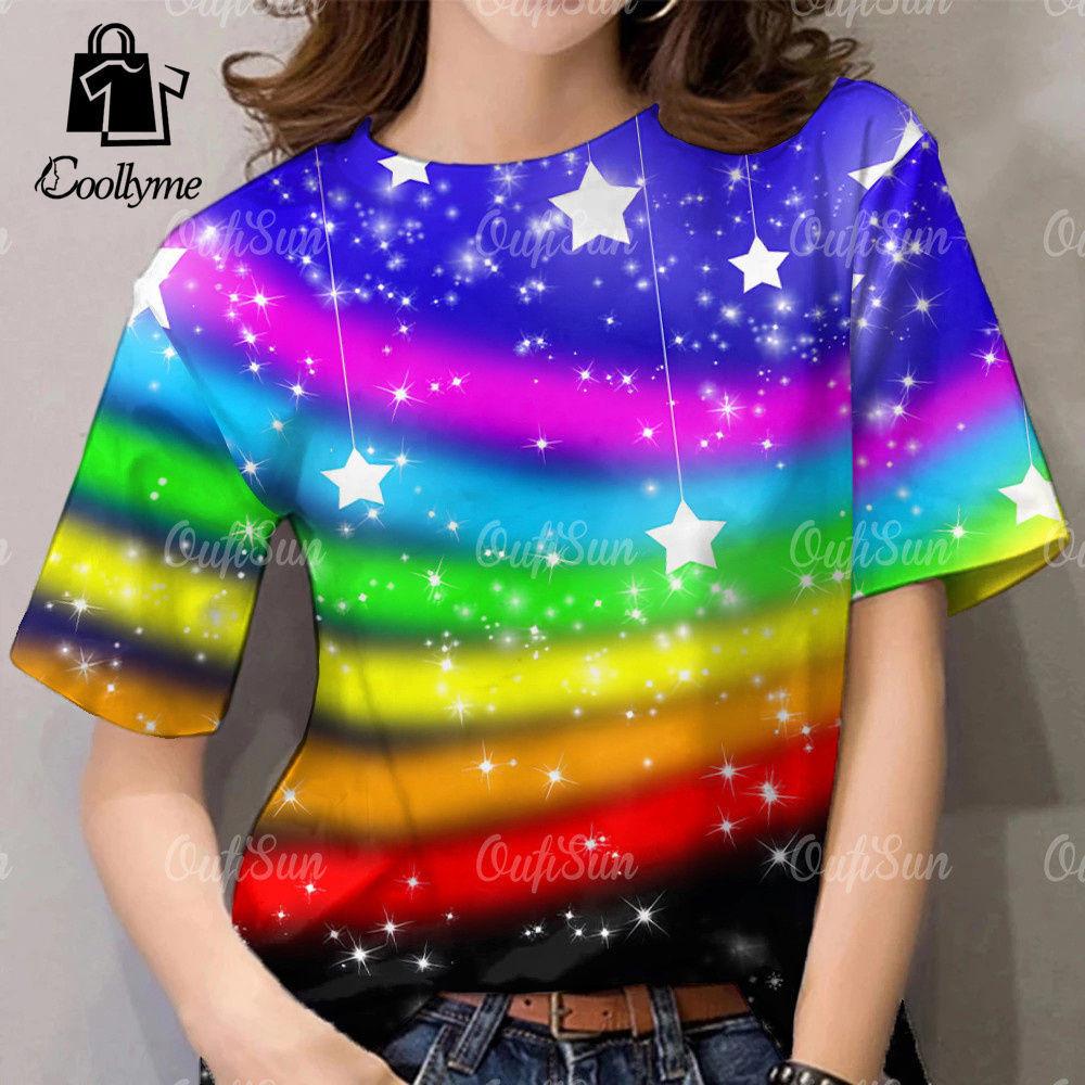 

Graffiti tie dye shirt rainbow women s T-shirt colorful star print short sleeved top street fashion plus size T-shirt XS