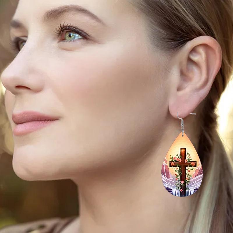 Cross PU Leather Earrings with Floral Design, Fashion Earrings, Exquisite Earrings, Holiday Gifts for Friends, Party Fashion Accessories