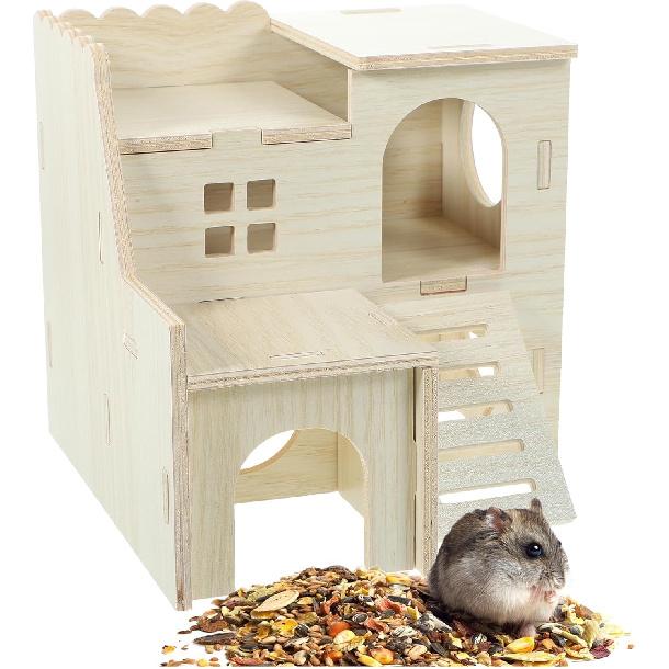 LOGOFUN Wooden Hamster Hideout Castle Multi-Chamber Hide Hut with Climbing Ladder for Chinchillas Guinea Pigs Small Pet Cage Accessories - 6 * 5 *