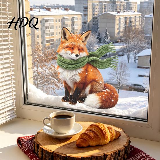 Transparent Window Film Fox Static Cling, Christmas Winter Glass Stickers, PVC Electrostatic Cling Sticker Decal for Home Door & Decoration, Removable