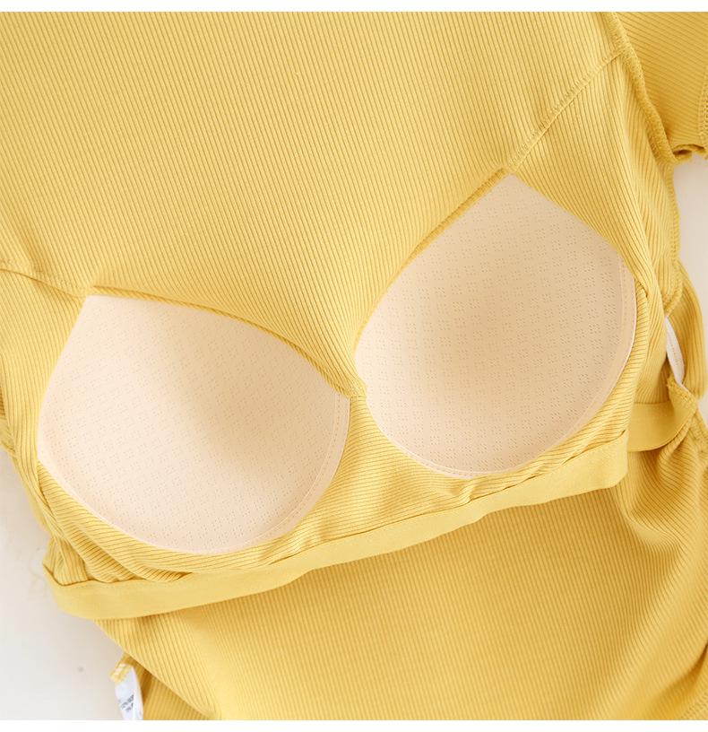 Women's Slim High Collar Short Sleeve T-Shirt with Chest Pads