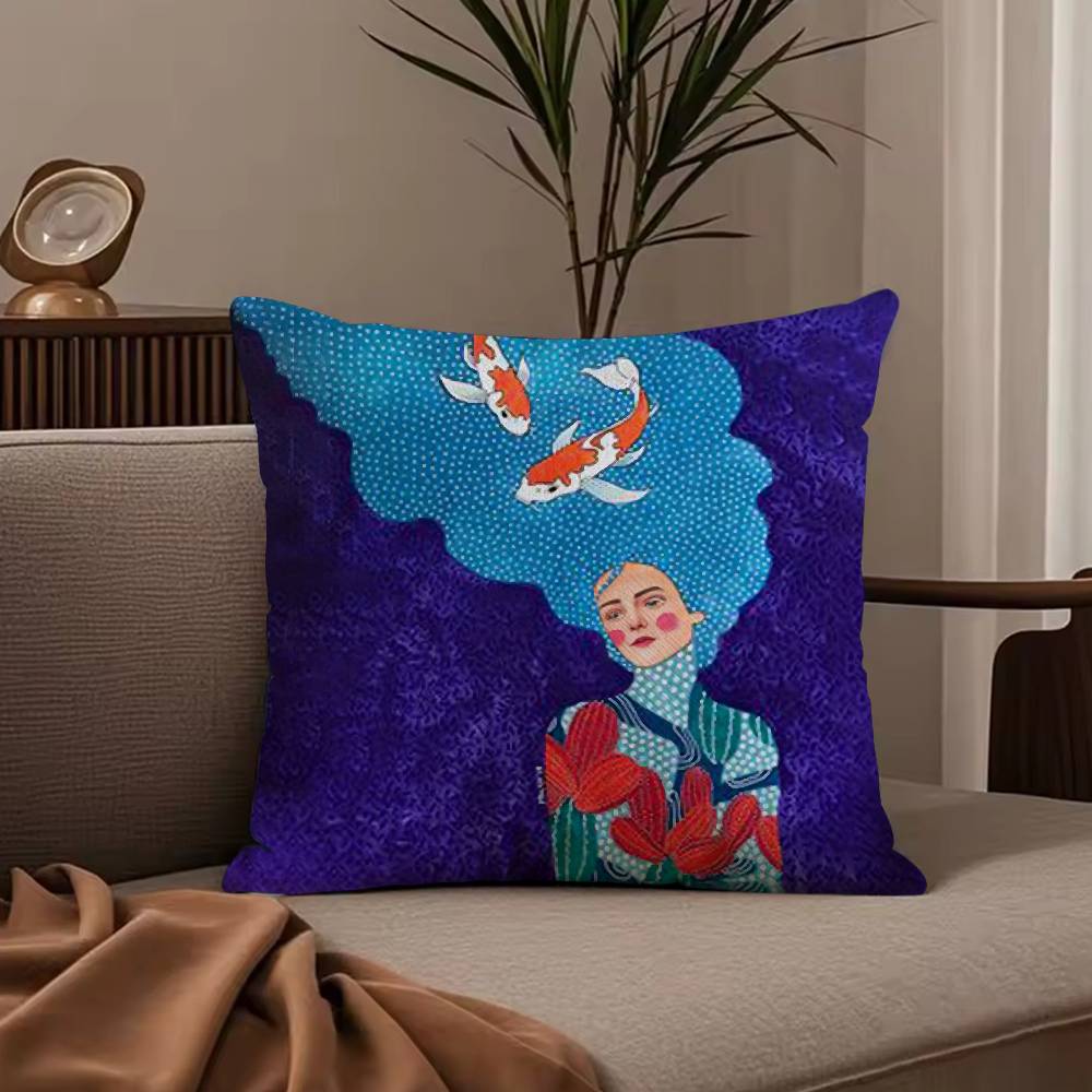 Vintage Abstract Girl Hair Flower Pillow Case Anti-dustmite Pillowcase Invisible Zipper Silky Short Plush Sofa Cushion Cover
