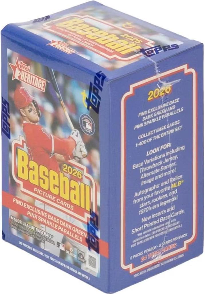 2026 Topps Heritage Baseball Series Value Blaster exclusive dark green and pink sparkle parallel cards and a chance to get artifacts and 64-card Box