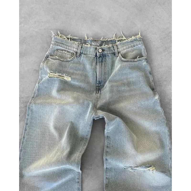 Straight Jeans Distressed Men Jean Ripped Washed Denim Pants Ankle Length Loose Solid Zipper Pockets Casual