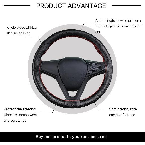 Leather Steering Wheel Cover, DIY Sewing with Needle & Thread, Breathable Anti-Slip Car Steering Wheel Protector, Universal 15 Inch Auto Steering
