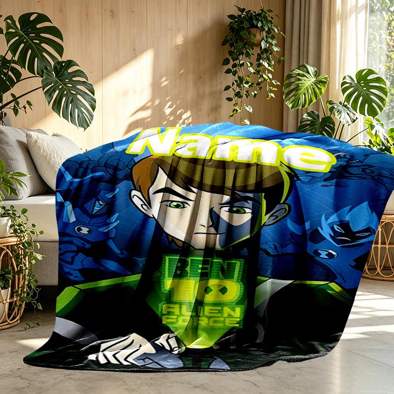 Custom Name Personalized Ben 10 Cartoon Print Blanket, Home Decor, Bedroom, Sofa, Camping, Couch, Gifts for Birthday ChristmasEnthusiasts