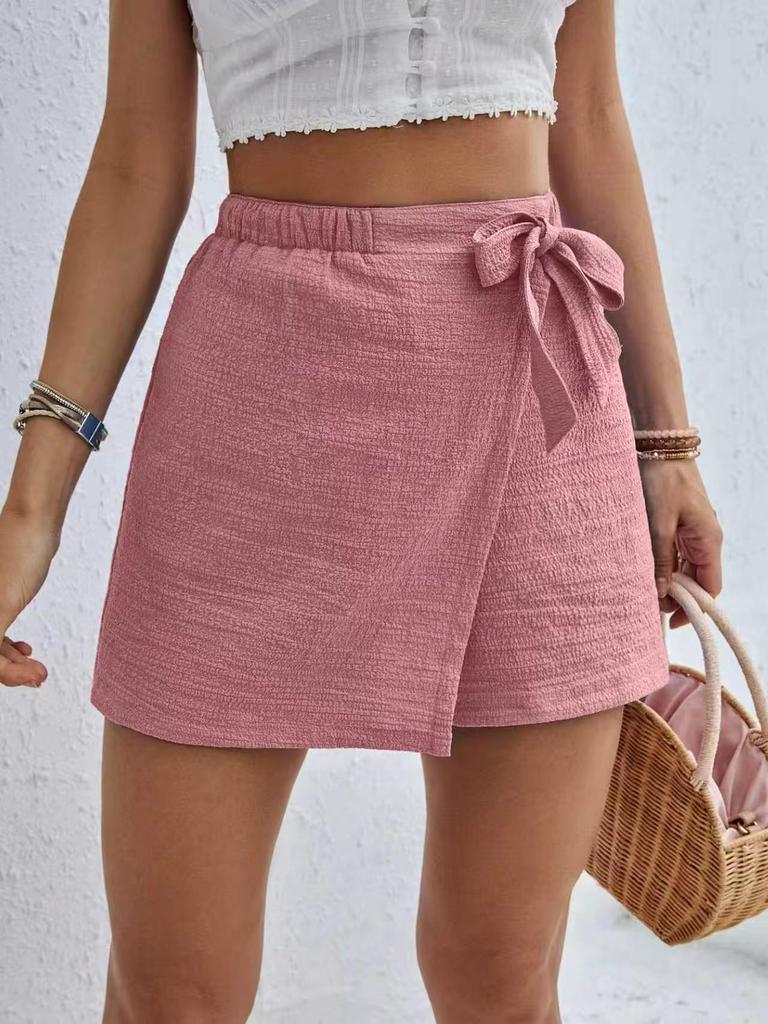 Solid Color French High Waist Shorts with Comfortable Bow Decoration