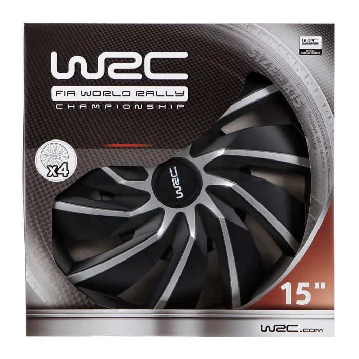 Lot de 4 enjoliveurs Bi-couleur gris &amp; noir 15 pouces - WRC - TURBO - Look racing - Fixation simple et rapide par clips