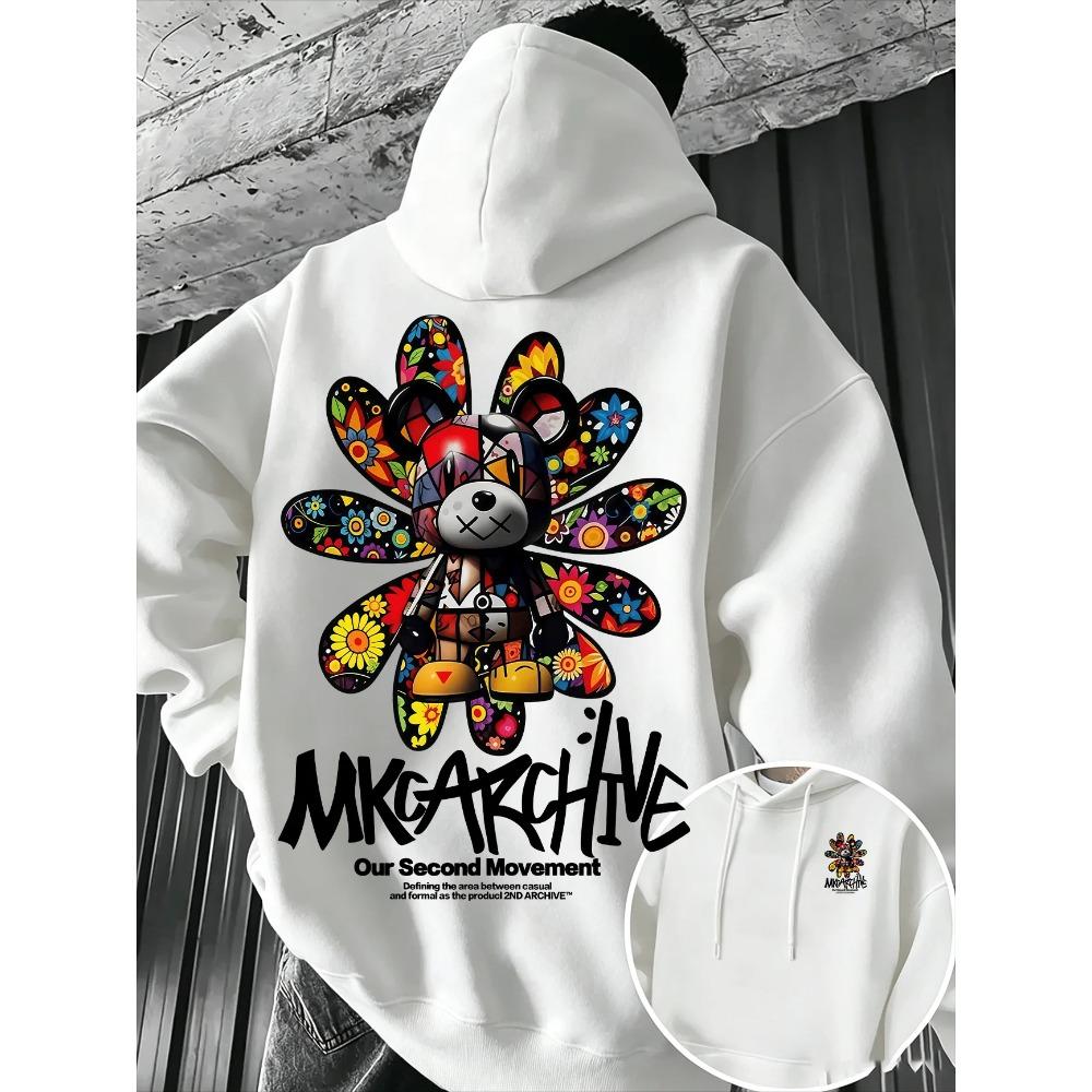 Men's Casual Hooded Sweatshirt – Colorful Floral Bear Graffiti Print Pullover Warm Street-Style Top for Spring Autumn