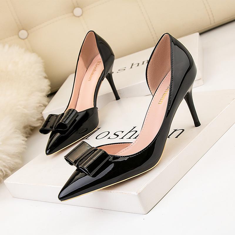 Fashion thin heel high heel patent leather pointed tip hollowed out thin bow high heels single shoes women