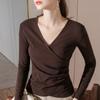 Cross V-neck Long-sleeved T-shirt for Women New Women's Cotton T-shirt Sexy Collarbone Top Scheming Design
