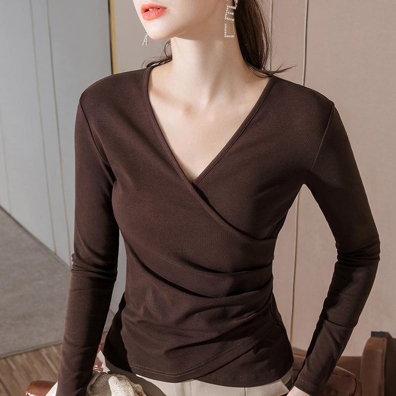 Cross V-neck Long-sleeved T-shirt for Women New Women's Cotton T-shirt Sexy Collarbone Top Scheming Design