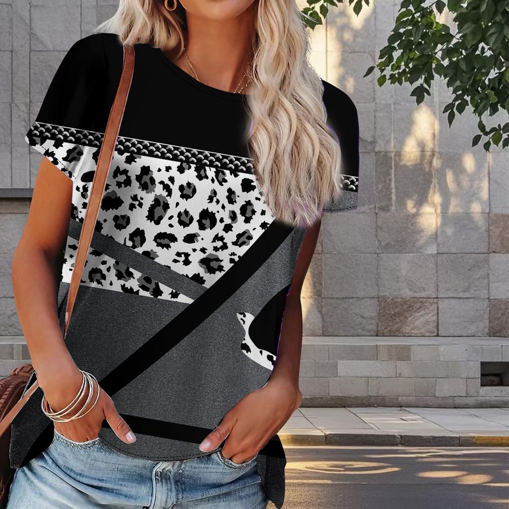Women Summer T Shirt Leopard Print Print Retro Fashion Short Sleeve Tees Casual   Printed  Tops
