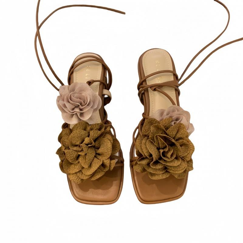 2025 Spring and Autumn New Fashion Thick Heel French Elegant Retro Flower Cross Strap Sandals Women's Shoes