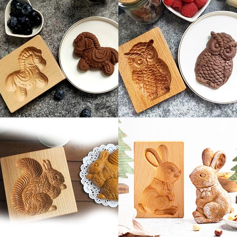 1Pc Wood Cookie Mold, Animals Patterns 3D Carved Embossed Biscuit Cutter Moulds Hedgehog Horse Owl Squirrel Rabbit
