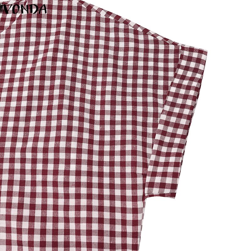 VONDA Womens V Neck Short Sleeve Casual Gingham Plaid Loose Long Wide Leg Jumpsuit Rompers