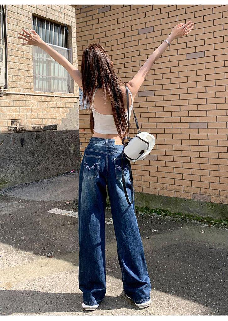 Women's Retro Dark Blue Embroidered Wide-Leg High-Waisted Jeans, 2025 Autumn Collection, Loose Slimming Floor-Length Trousers