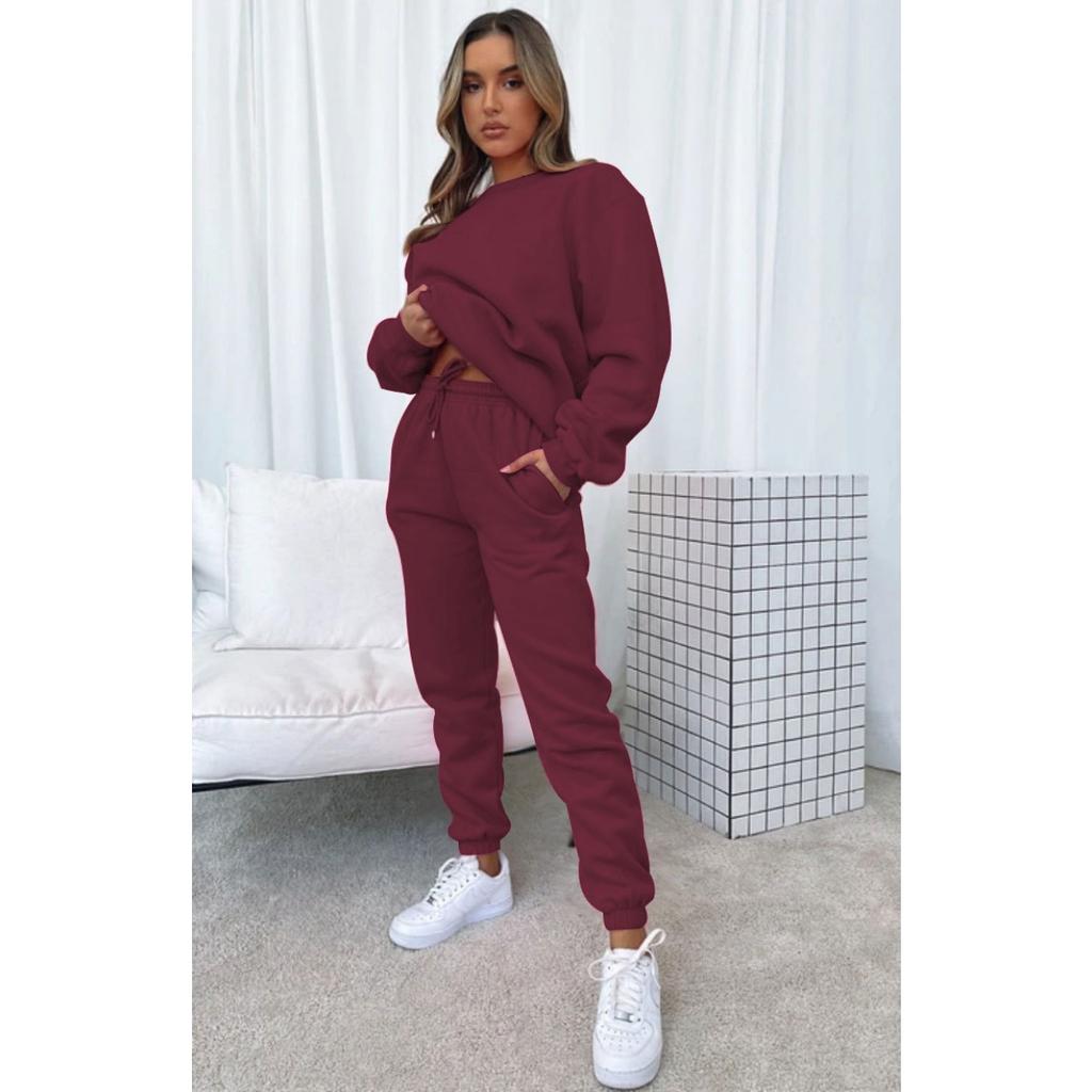 Autumn and Winter Solid Color Round Neck Pullover Long Pants Women's Fashion Casual Long Sleeved Sweatshirt Set