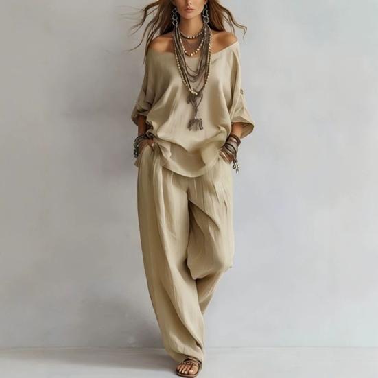 Yousheng Two Piece Matching Lounge Sets for Women Casual Off Shoulder Long Sleeve Top And Wide-Leg Pants Summer Boho Outfits