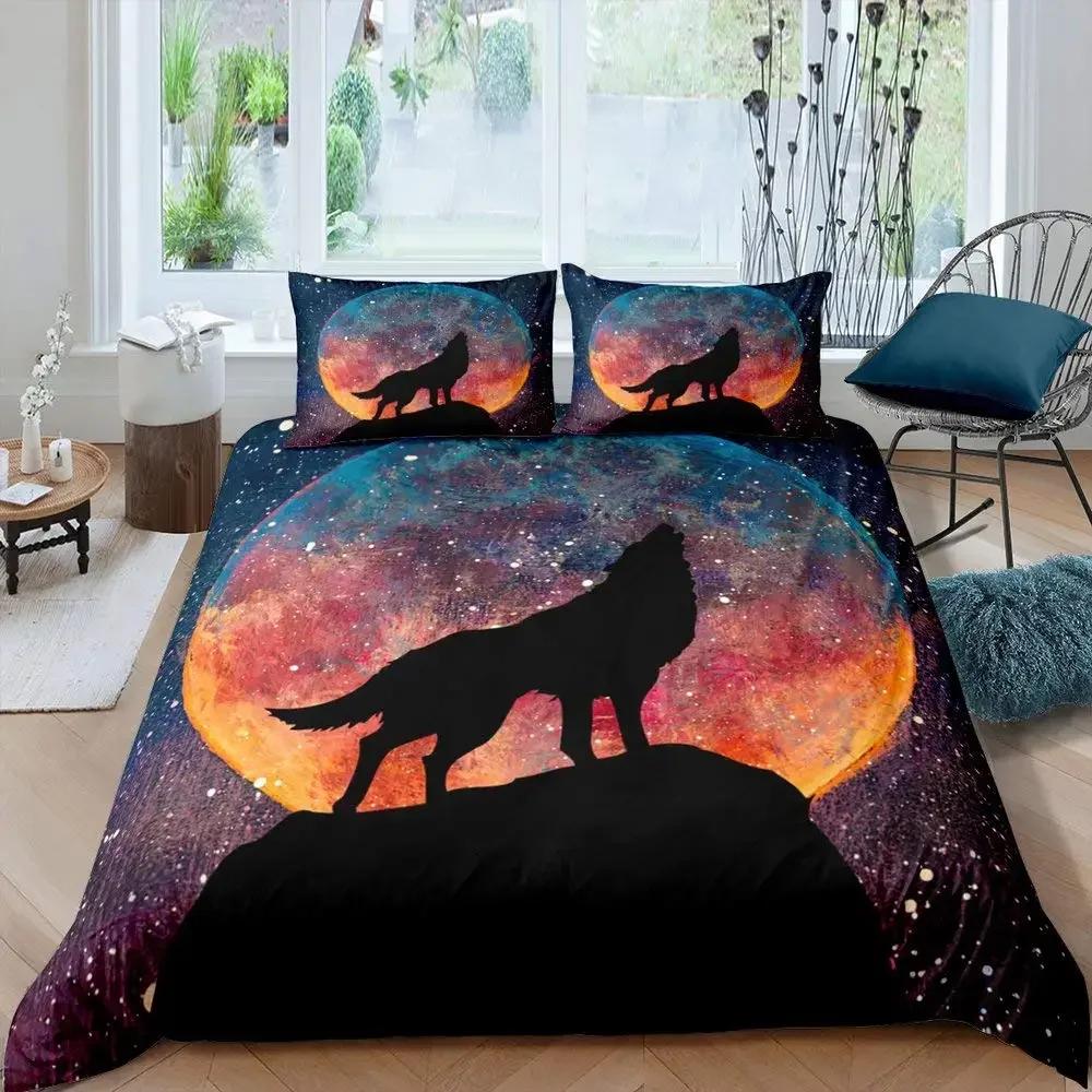 Wild Magical Wolf Bedding Set Wolf Howling 3Pcs Sets For Boys Vintage Oil Paint Wild Animal Single/Twin/Queen/King Size