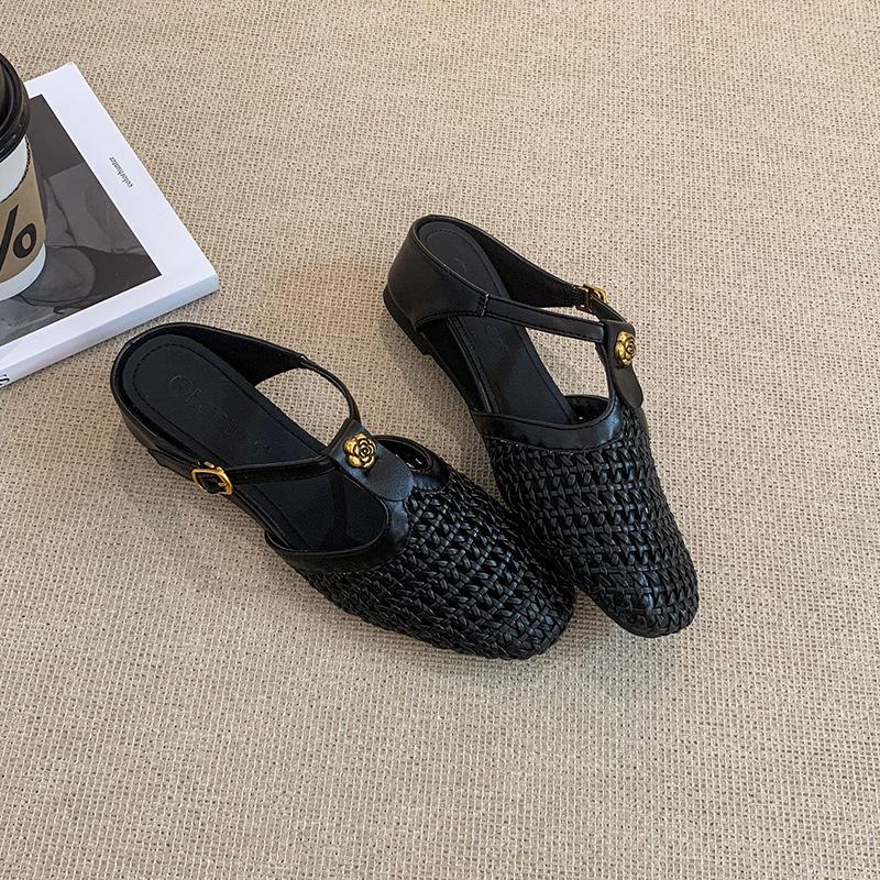 

Sheepskin version~ Inner heightening cool slippers 5cm French square head woven hollow breathable T-buckle with sandals Baotou shoes 40 чёрный