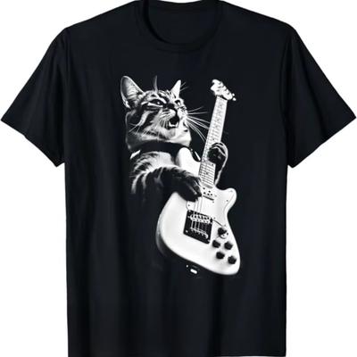 Neznámý designér Rocková kočka hrající na kytaru - Vtipné kytarové kočičí tričko pro pár Čistě bavlněná trička