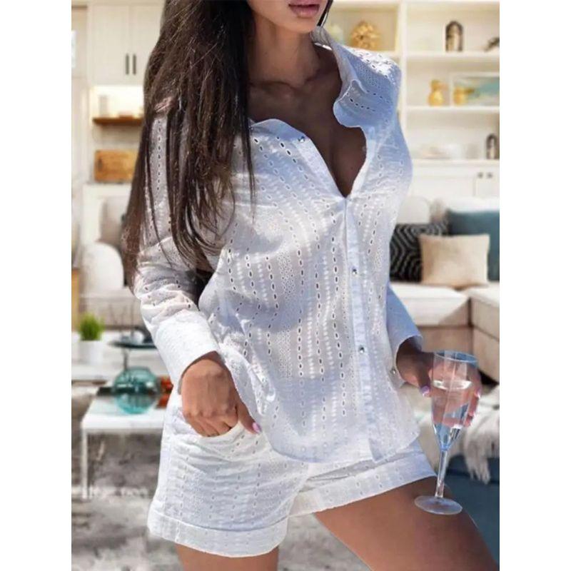 Lace Button Shirt Loose Shorts Set Lace Button Shirt Loose Shorts Suit