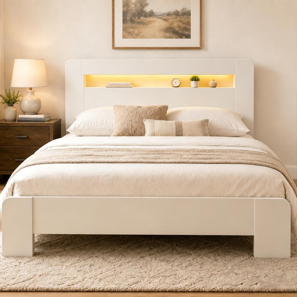 Wooden Bed Frame with Storage In the Headboard, LED Lighting, Integrated Outlets, Modern Platform Bed In White 140 X 200 Cm