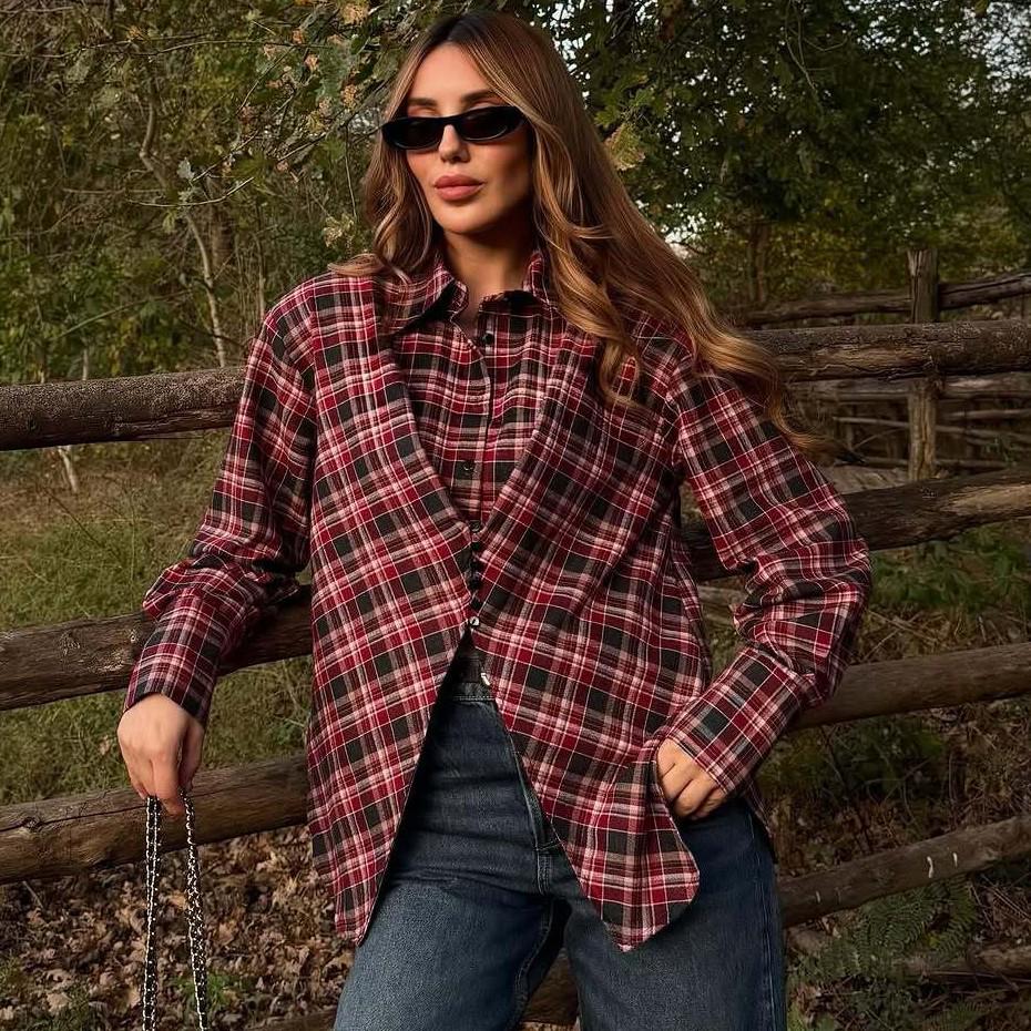 2026 Spring Collection: European & American Style Plaid Shirt - Chic, Casual, Retro Design with Waist-Cinching for a Trendy Look