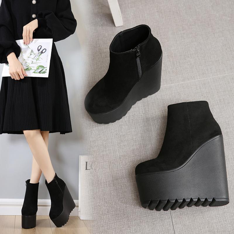 Autumn and Winter New Muffin Thick with 16cm Super High Heel Suede Nightclub Bare Short Boots Women's Shoes
