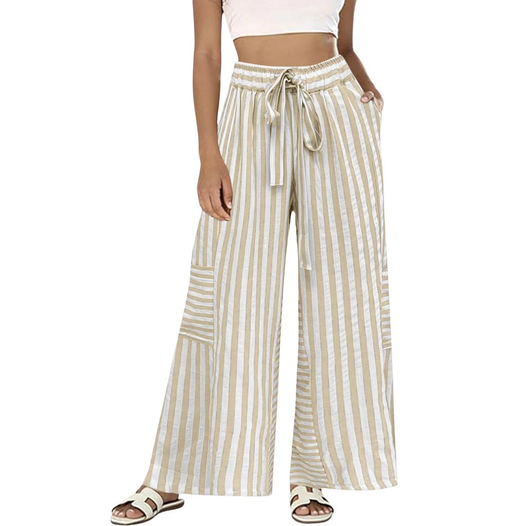 Women’s High Waist Wide Leg Striped Pants with Adjustable Drawstring Waistband and Relaxed Fit for Casual Wear