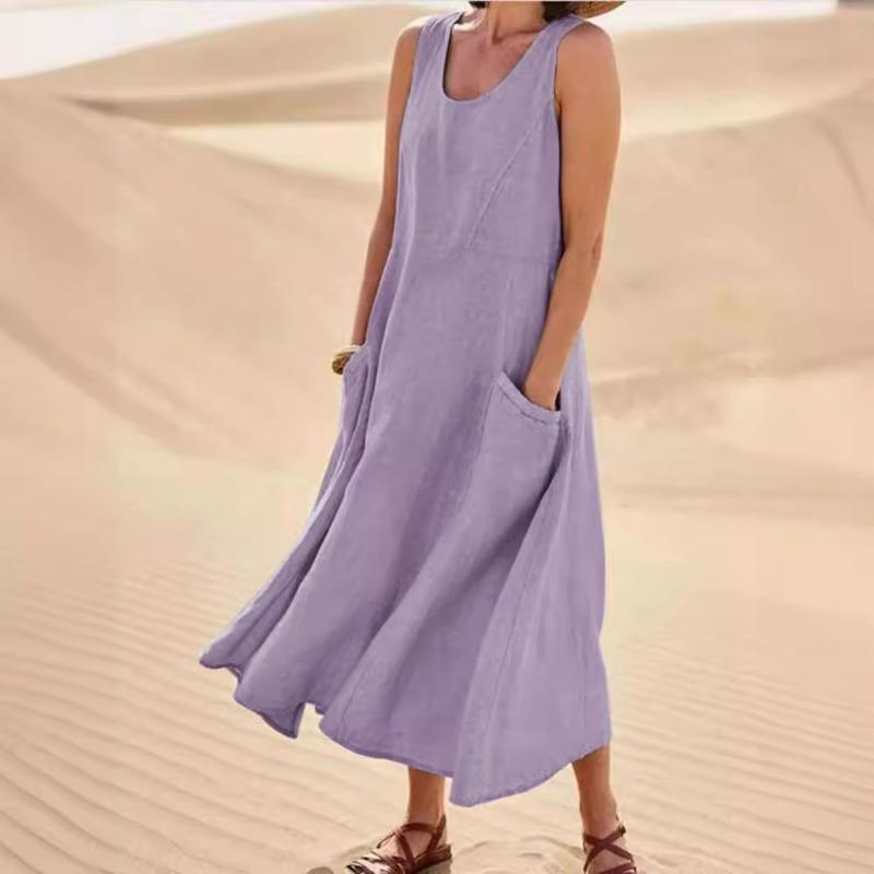Summer Pocket Sleeveless Round Neck Women's Cotton and Linen Dress
