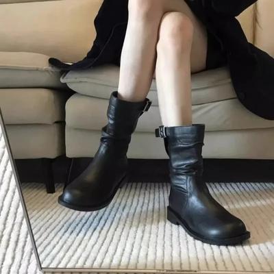 Fashion Shoes for Women 2024 High Quality Slip-on Women's Boots Fashion Belt Buckle Modern Boots Women New Round Toe Mid-Calf Boots