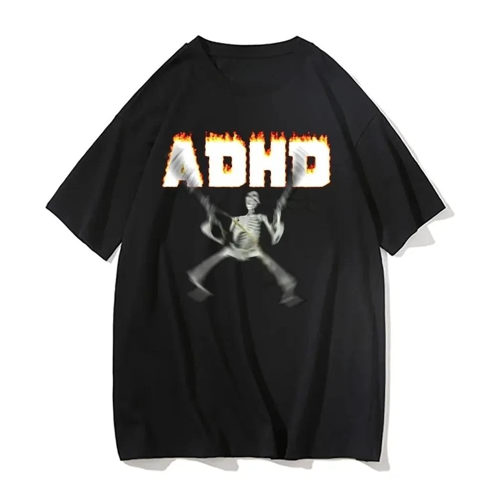 Summer Mens Adhd Skull PrintRoundNeck Tshirt Classic Retro Casual Hiphop Plus Size Pure Cotton Breathable Short Sleeved Shirt S
