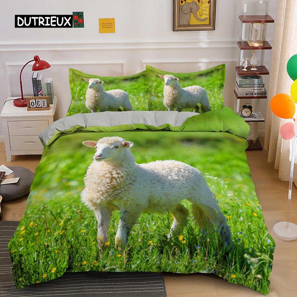 Schaf-Bettbezug, King-Queen-Size, schönes Bettwäscheset mit Bauernhoftieren für Kinder, Teenager und Erwachsene, weiße Ziege, 2/3-teilig, Bettbezug, Kissenbezug