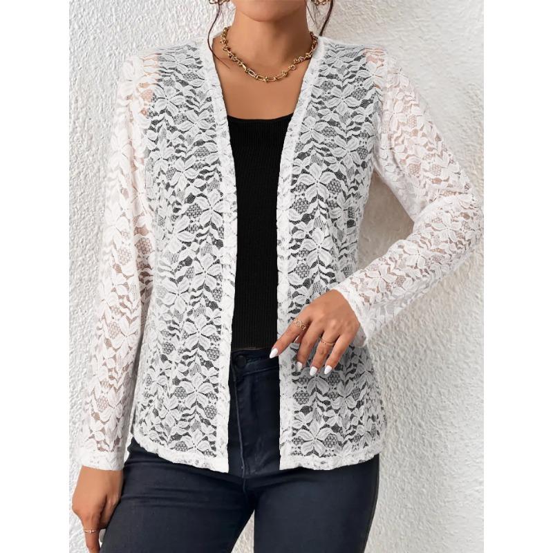 Ein neuer Herbst-Casual-Unifarbener, Vielseitiger, Durchbrochener Spitzen-Langarm-Kurz-Cardigan-Top