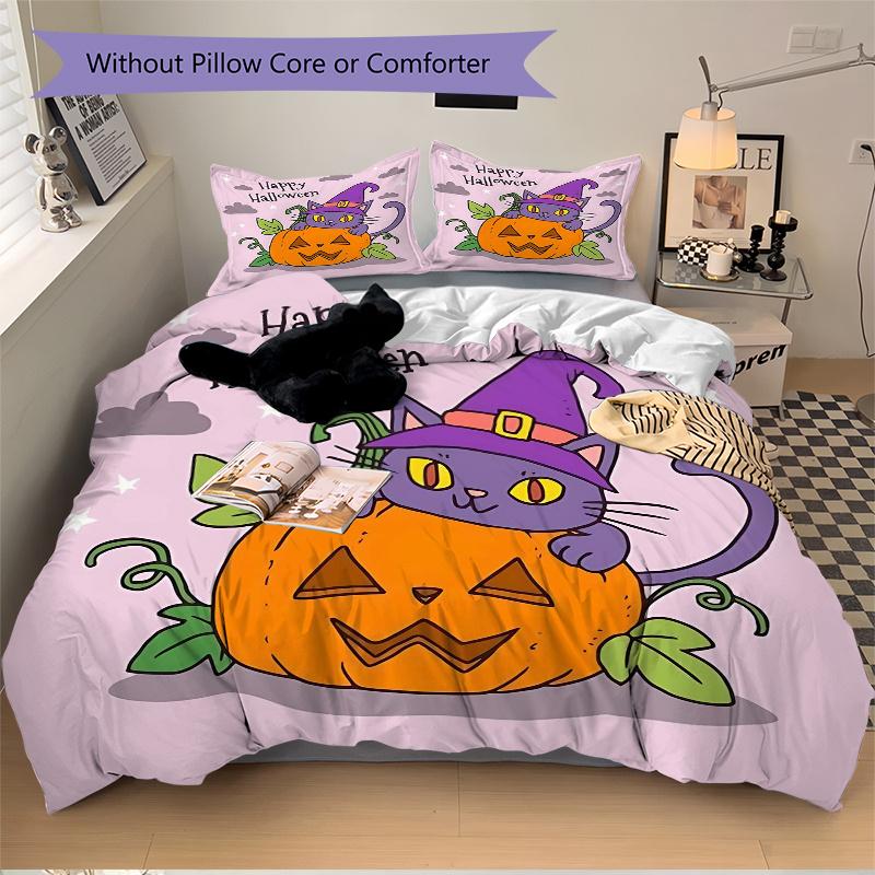 3pcs Happy Halloween Purple Wizard Cat & Pumpkin Pattern Bedding Three-Piece Set (1 Cover + 2 Pillowcases, No Fillings), This Printed Bedding Set